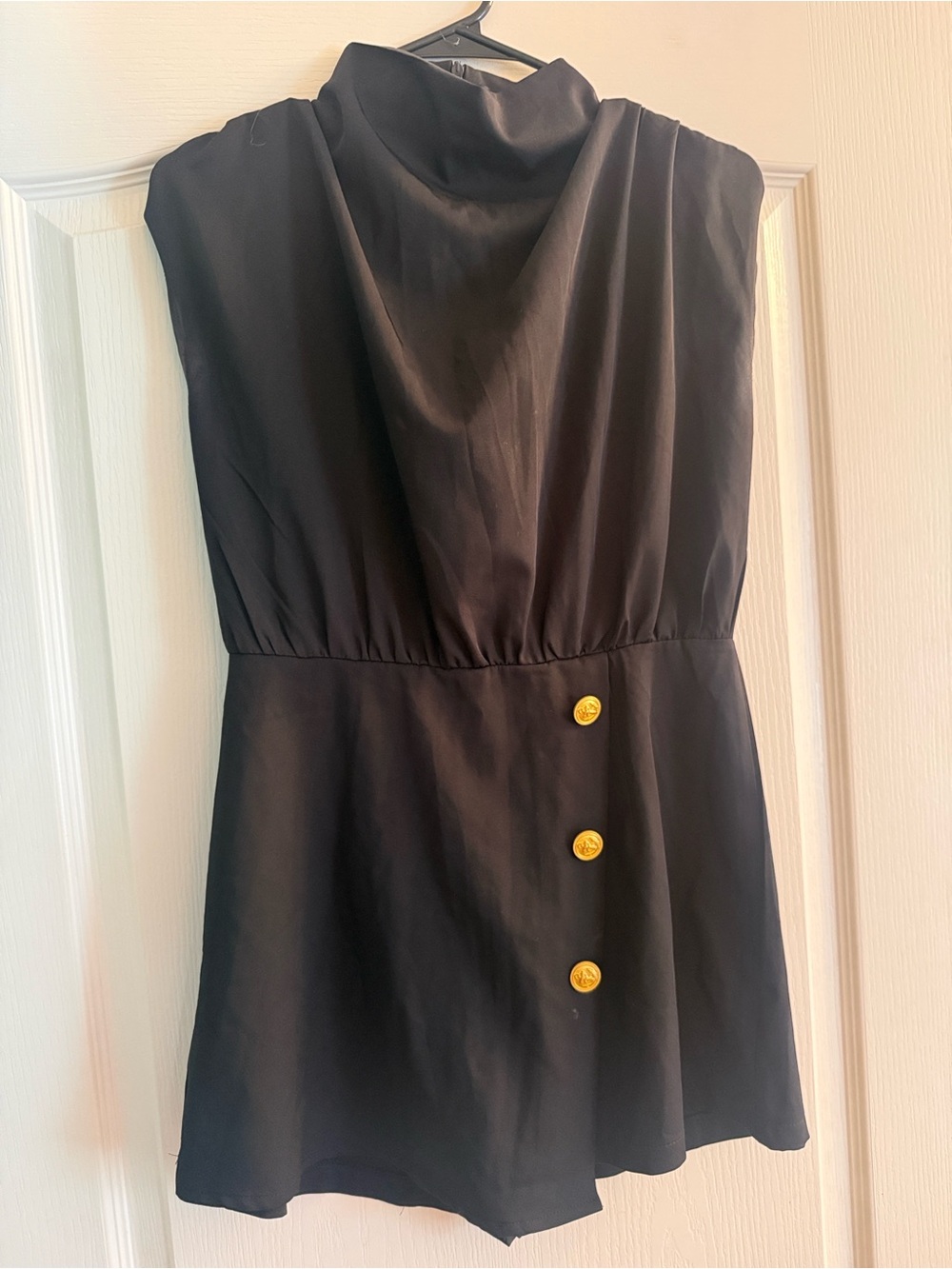 Black Sleeveless Cowl Neck Romper with Gold Button Detail